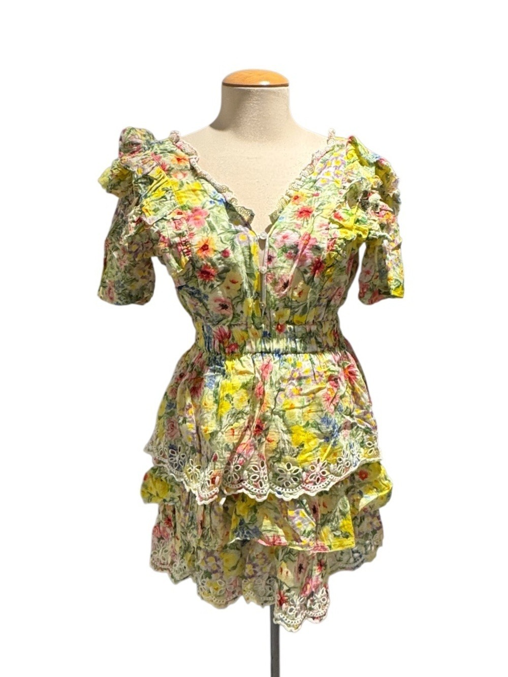 LOVESHACKFANCY yellow eyelet lace floral mini dress - size xs